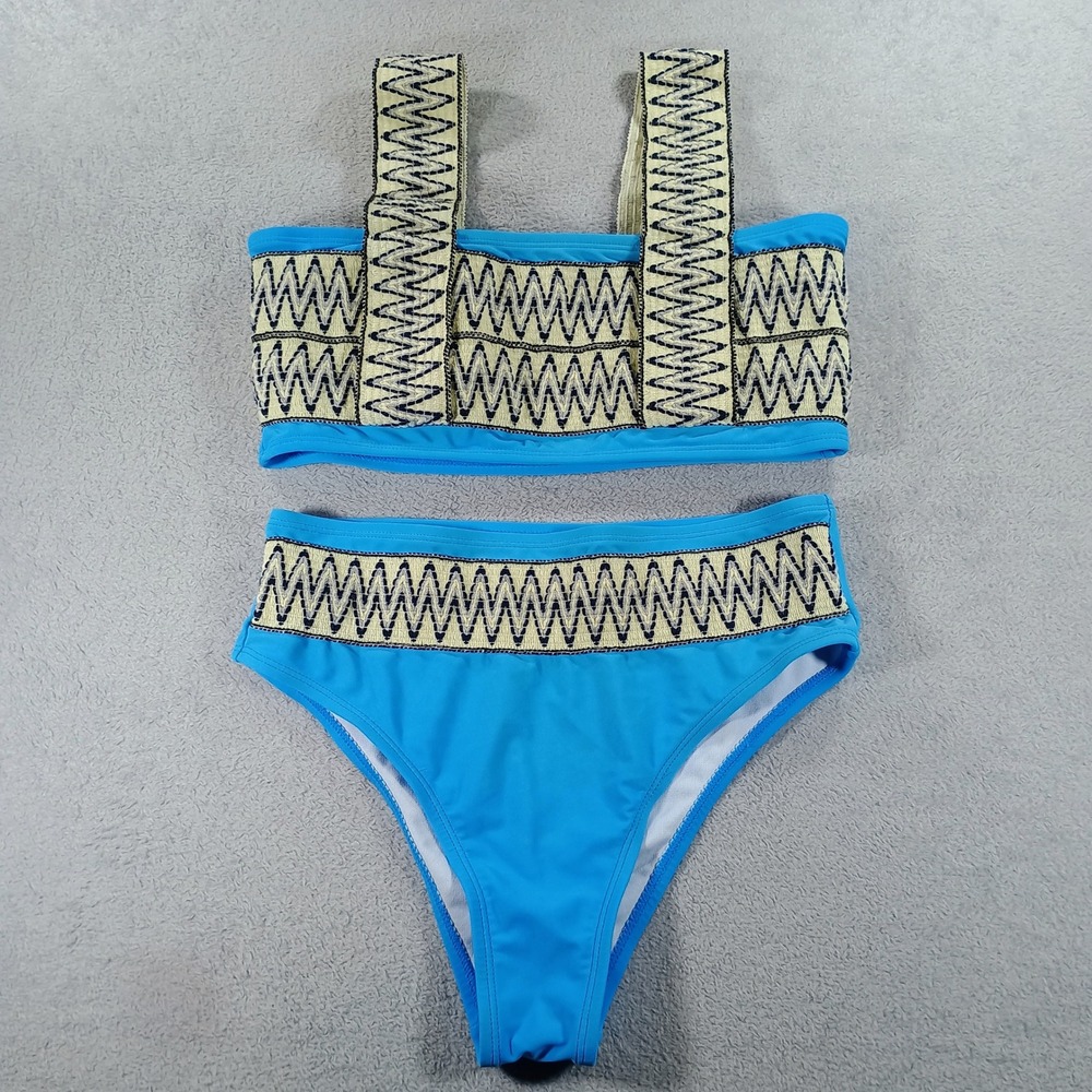Unbranded Women Bikini Set Blue Medium Geometric Embroidered High Waist